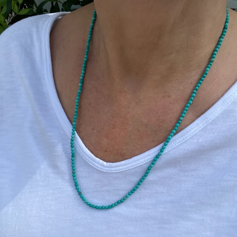 3.5mm small Kingman Arizona Blue Turquoise Beaded Gemstone Tiny Gem Necklace