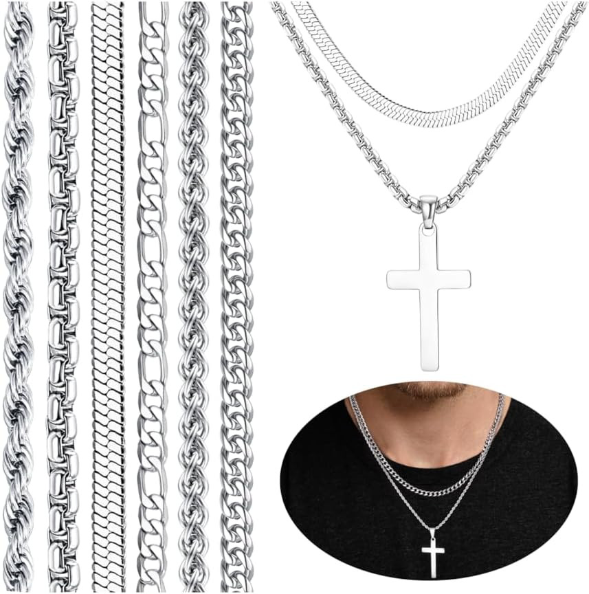 6PCS Silver Stainless Steel Cross Chain Layered Cuban Link Figaro Snake Box Chai