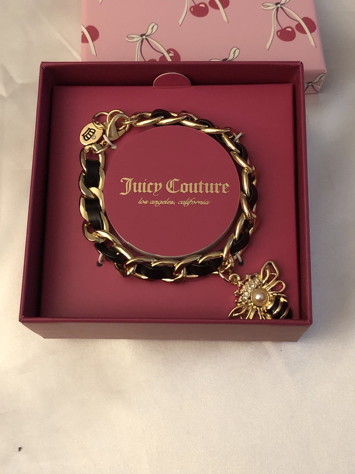 Juicy Couture Gold Tone & Woven Black Faux Leather Charm Bracelet Bee Charm NIB