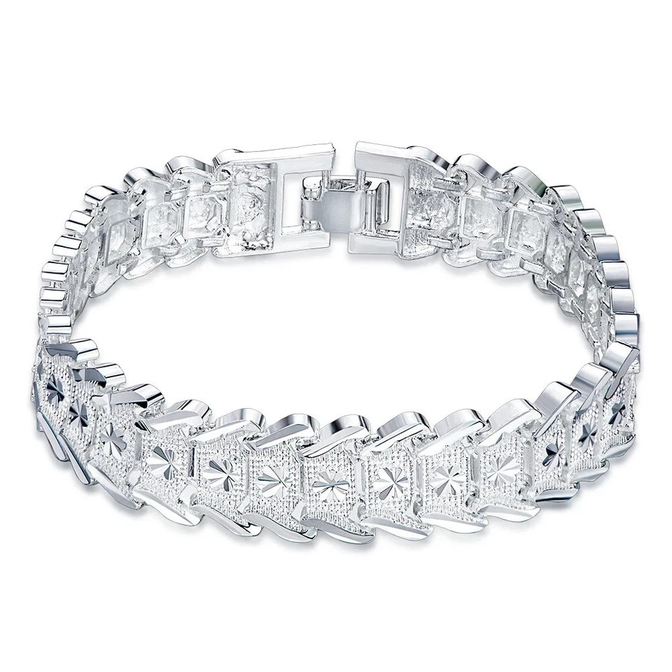 925 Sterling Silver Pattern Flower Wide Wristband Bracelet Chain Fashion Jewelry