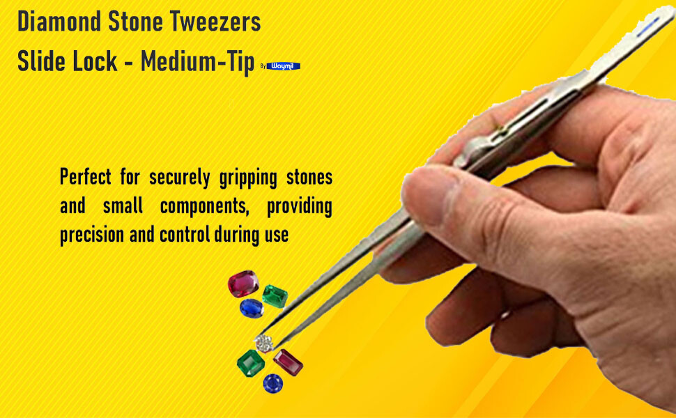 Diamond Stone Tweezers Locking Jewelry Tweezer Slide Lock Medium Tip
