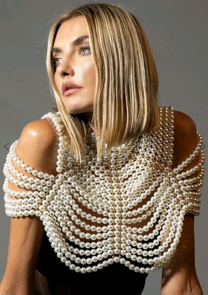 NWT LULLA COLLECTION Layered Faux Pearl Shawl Necklace Crop Top Body Jewelry S/M
