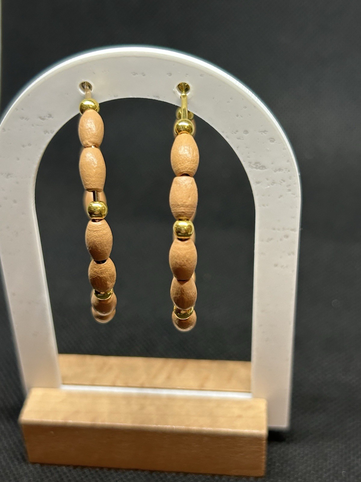 Tan with Golden accents Bamboo Wooden Beaded Large Hoop Earrings Beige