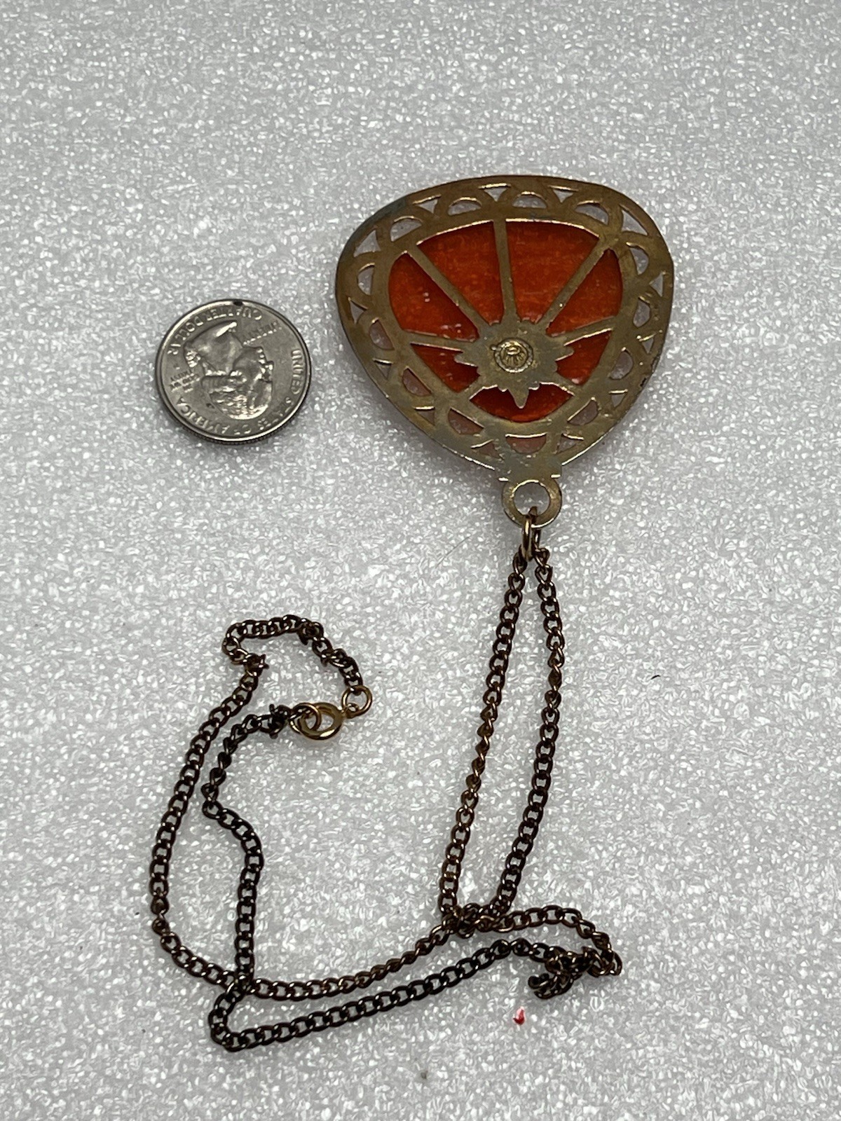 Vintage Orange Translucent Resin Pink Rhinestone Pendant Necklace 23”