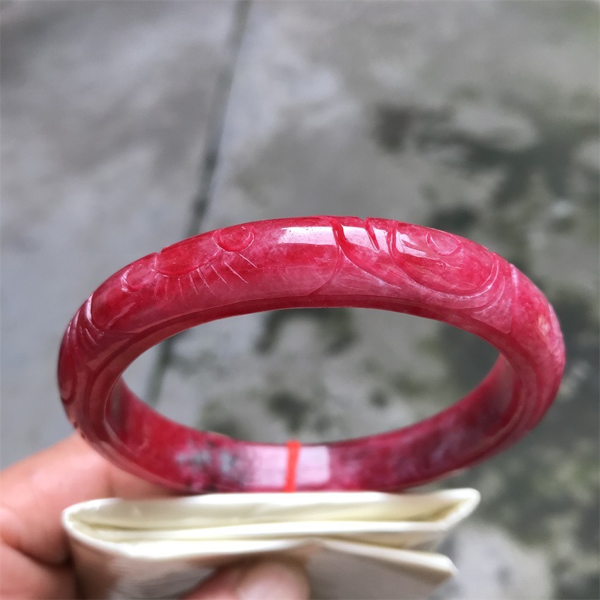 61mm Natural Icy Red Jadeite Jade Bracelet Myanmar Carving Jade Bracelet