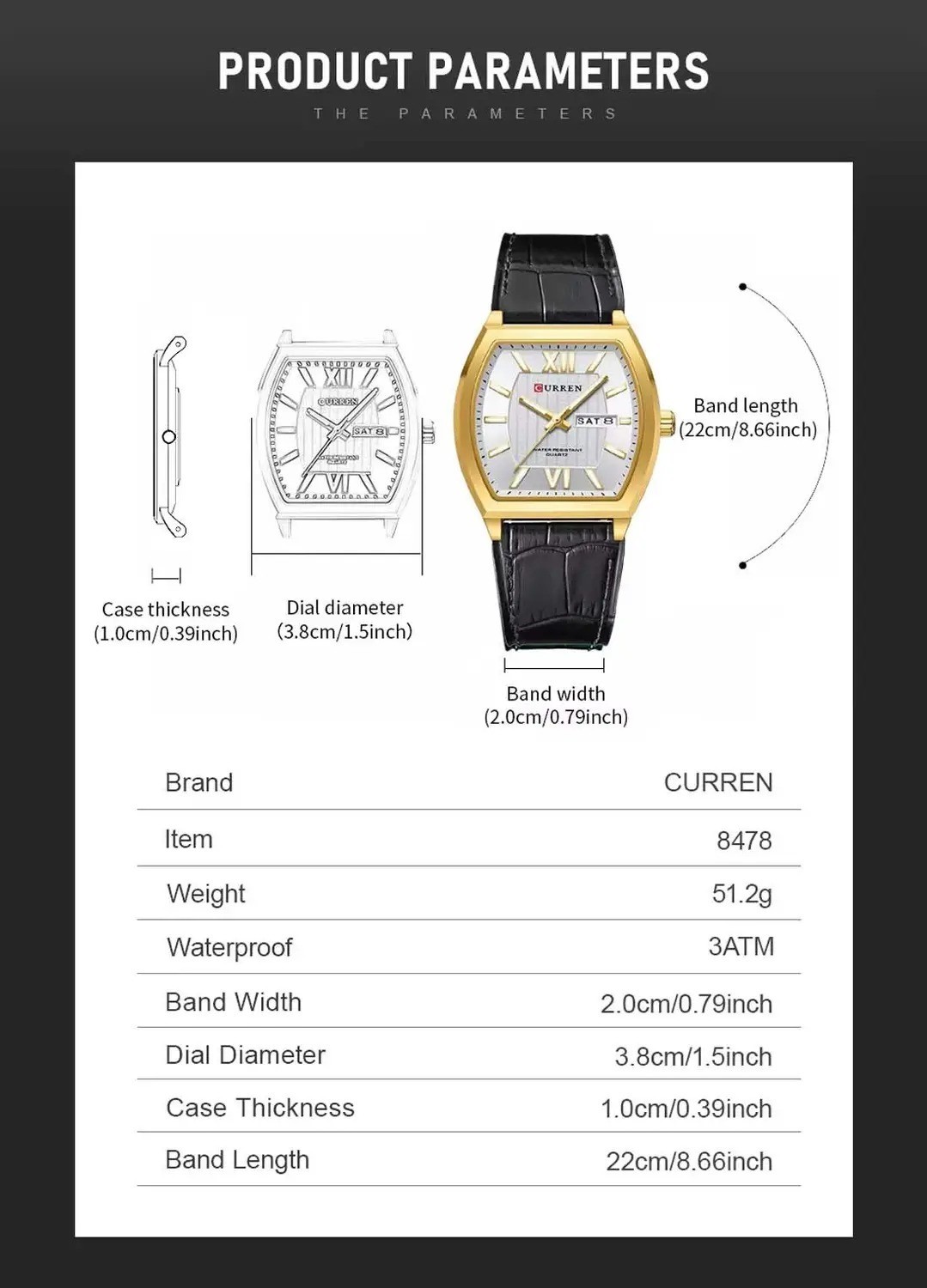 Curren Men’s Quartz Watch Gold Case Black Leather Day Date 3ATM 8478