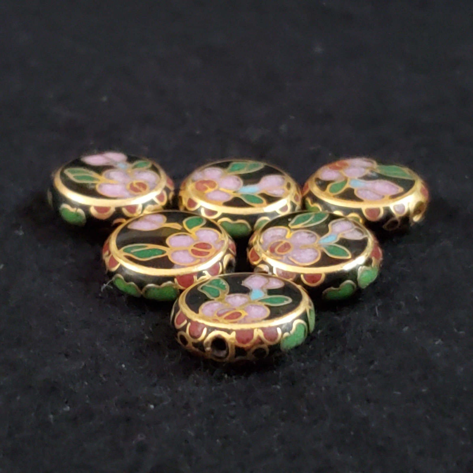 Cloisonne Beads Loose Flat Circle Black Pink Lot of 6