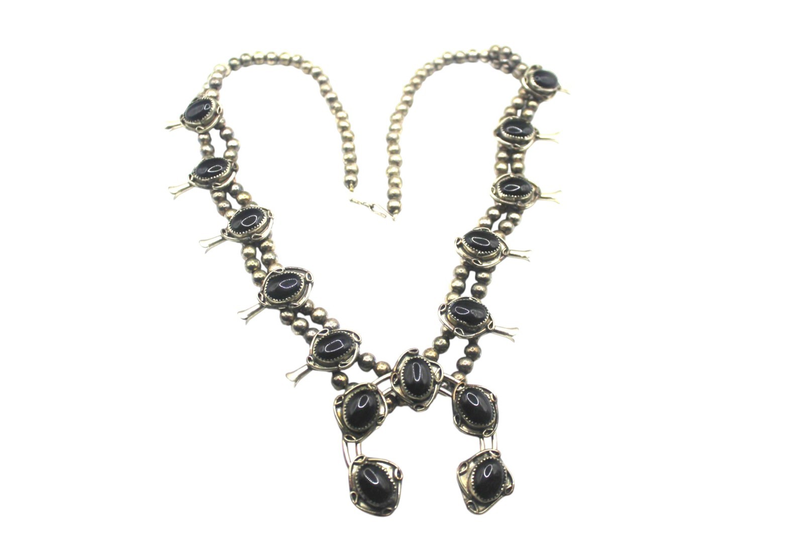 Vintage Silver Tone Black Onyx Squash Blossom Statement 24in Western Nickle