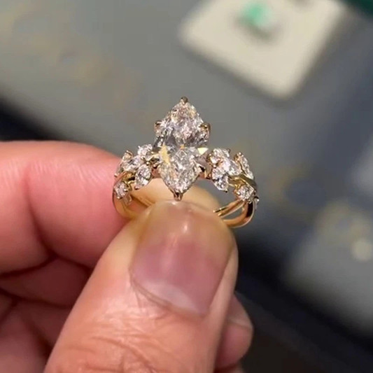 2.00 CTW Marquise Moissanite Cluster Set Engagement Ring 14k Yellow Gold Plated