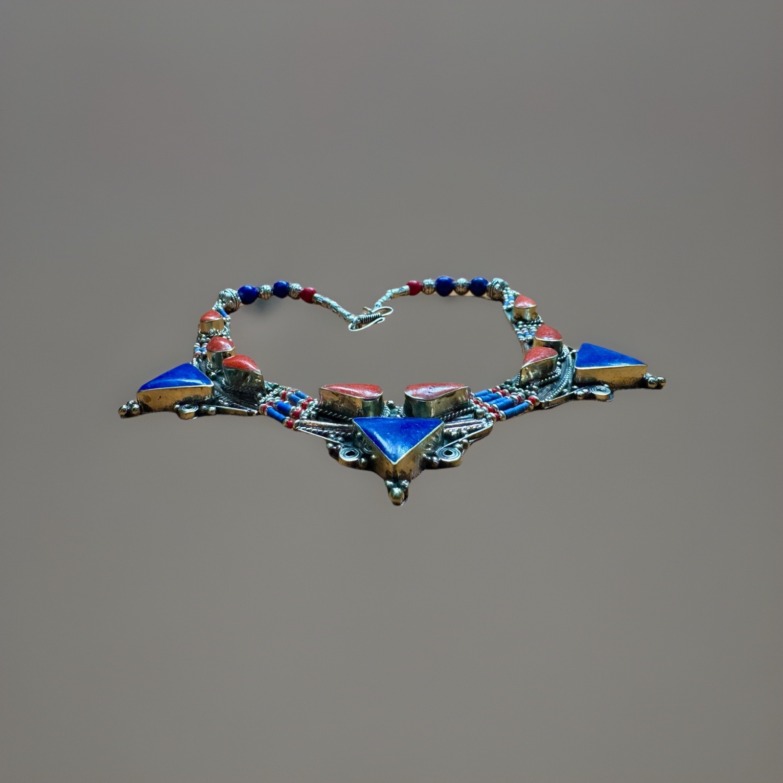 Vintage Ethnic Tribal Pyramid Design Handmade Silver Necklace Inlay Stones 116gr