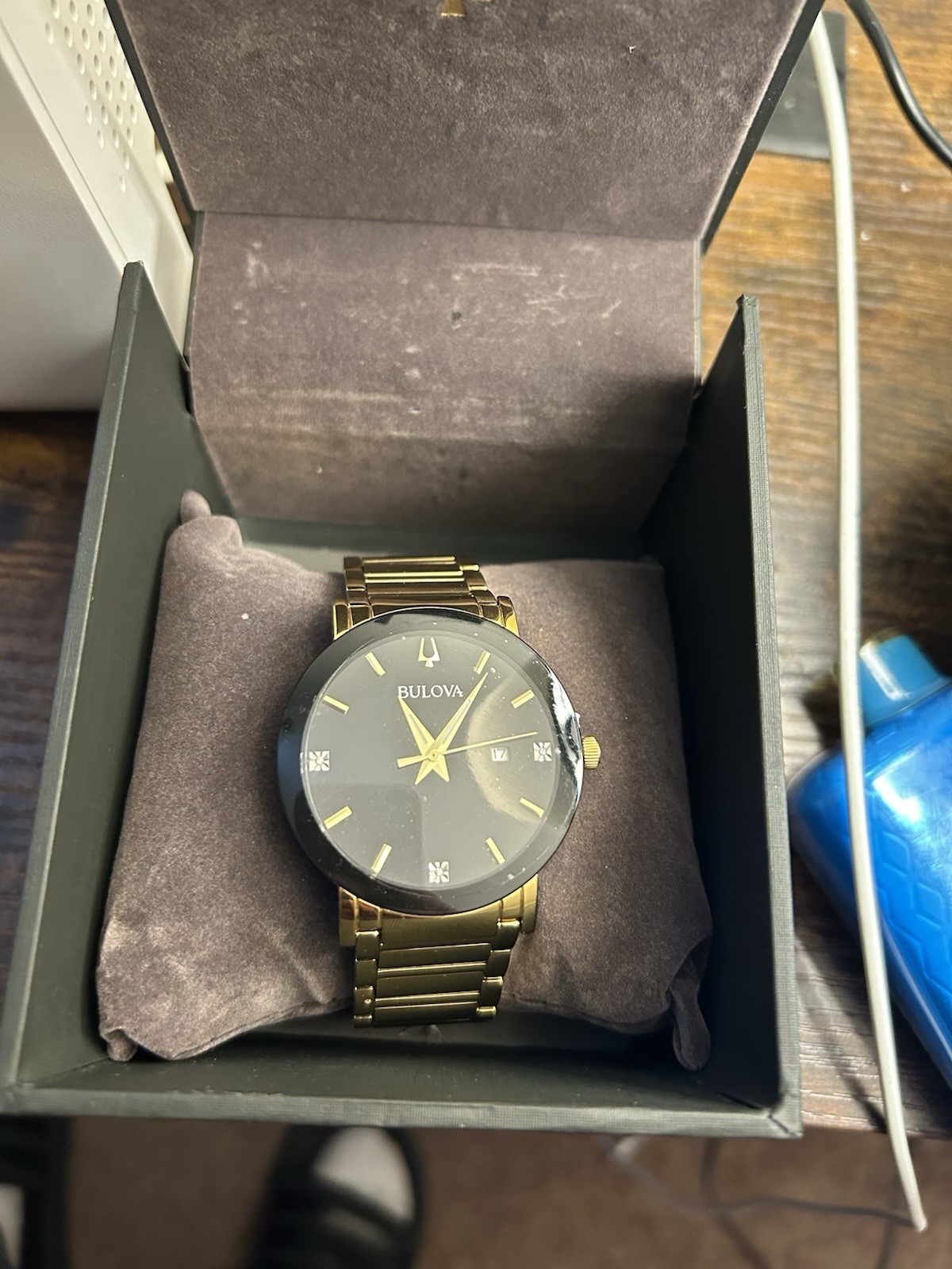 Bulova Men’s Diamond Accent Black Dial Gold-Tone Bracelet Quartz Date Watch
