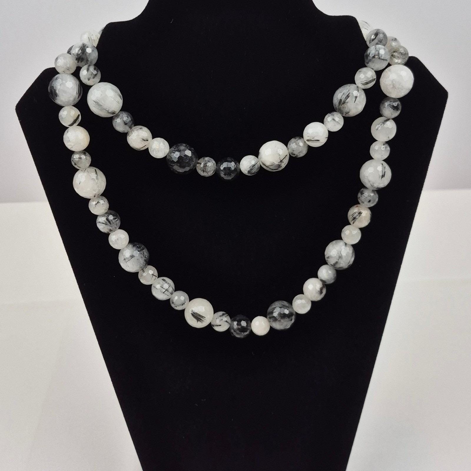 DTR Jay King Beaded Necklace Women 36″ Gray White Black Gemstone Long Strand 925