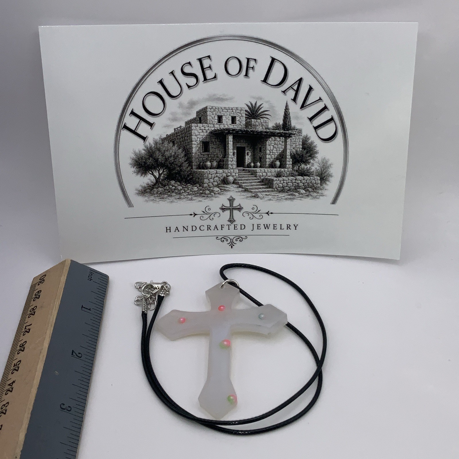 House Of David Handmade Cross Necklace Floating 3D Pearls