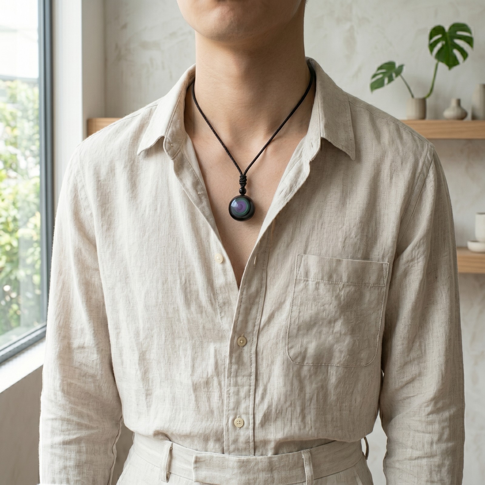 Natural Rainbow Obsidian Pendant 16mm Round Bead Adjustable Cord Negative Energy