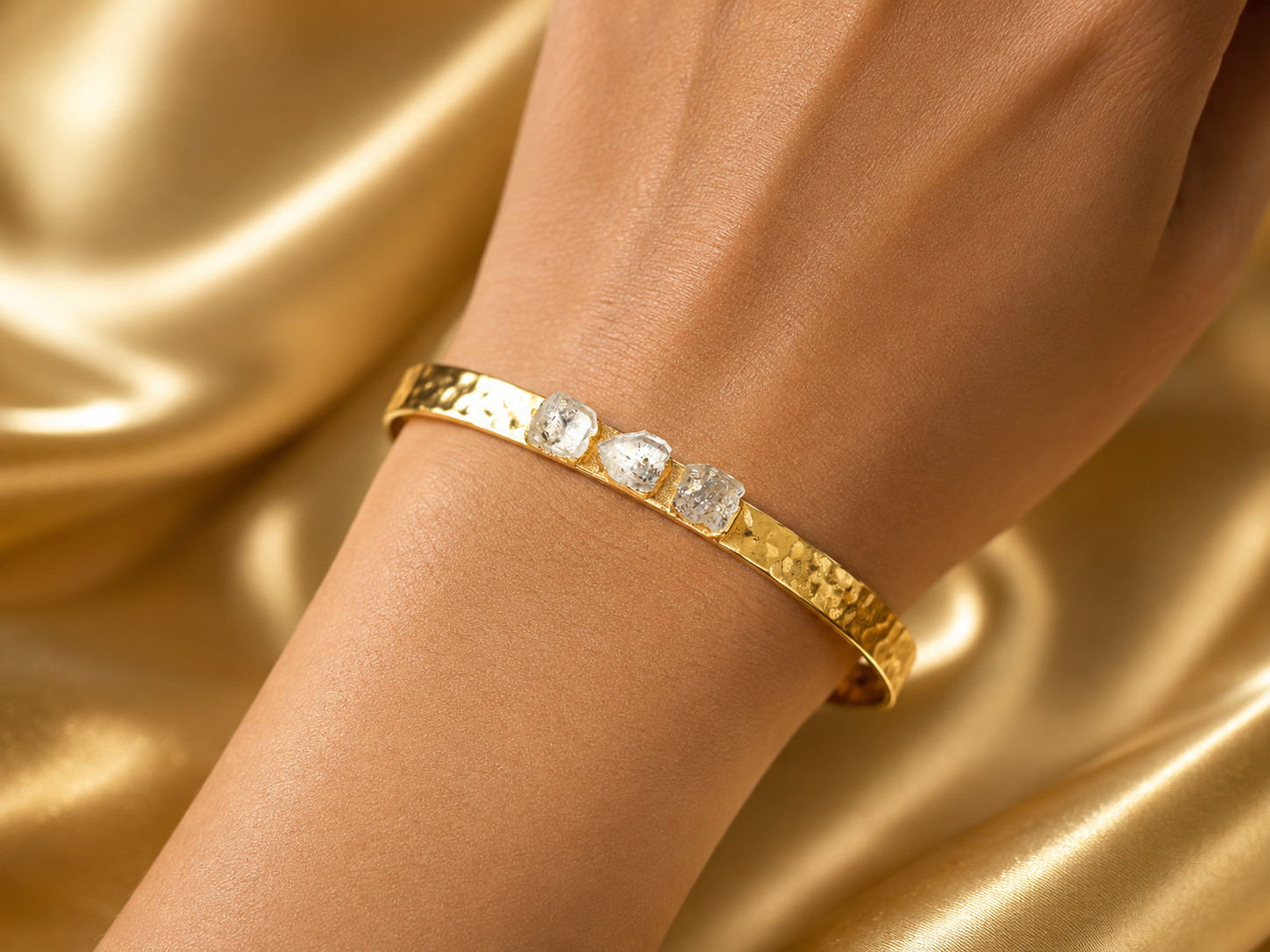 Genuine Herkimer Diamond Raw Bangle, 18k Gold Electroplated Bracelet
