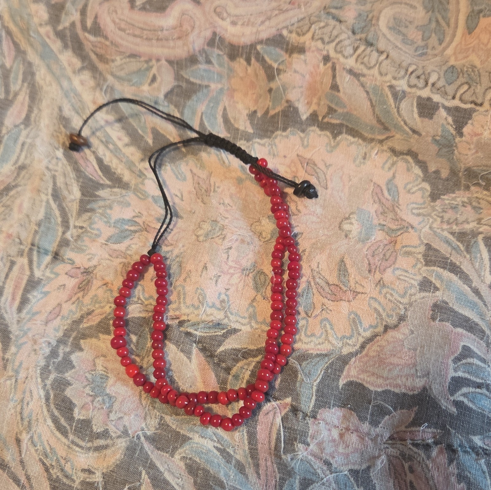 Red & Black Round Beaded Bracelet Adjustable Brown Ball/Bead Waxed String