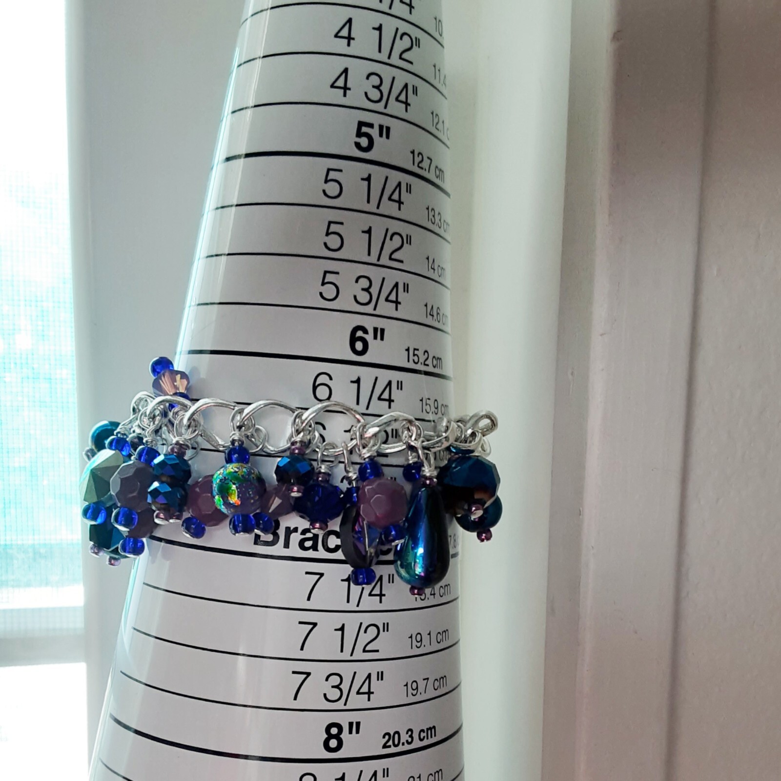 Handmade bracelet upcycled blue purple beads wirework Pat2 sz 6.2