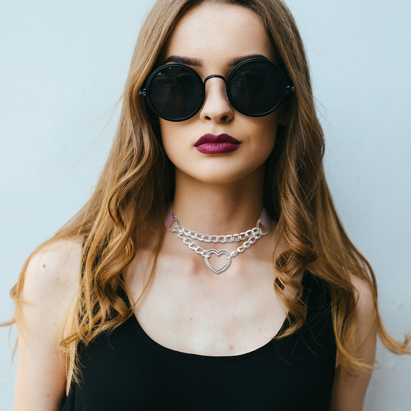 Women Girls Heart Ring Chain Leather Choker Punk Rock Collar Necklace Adjustable