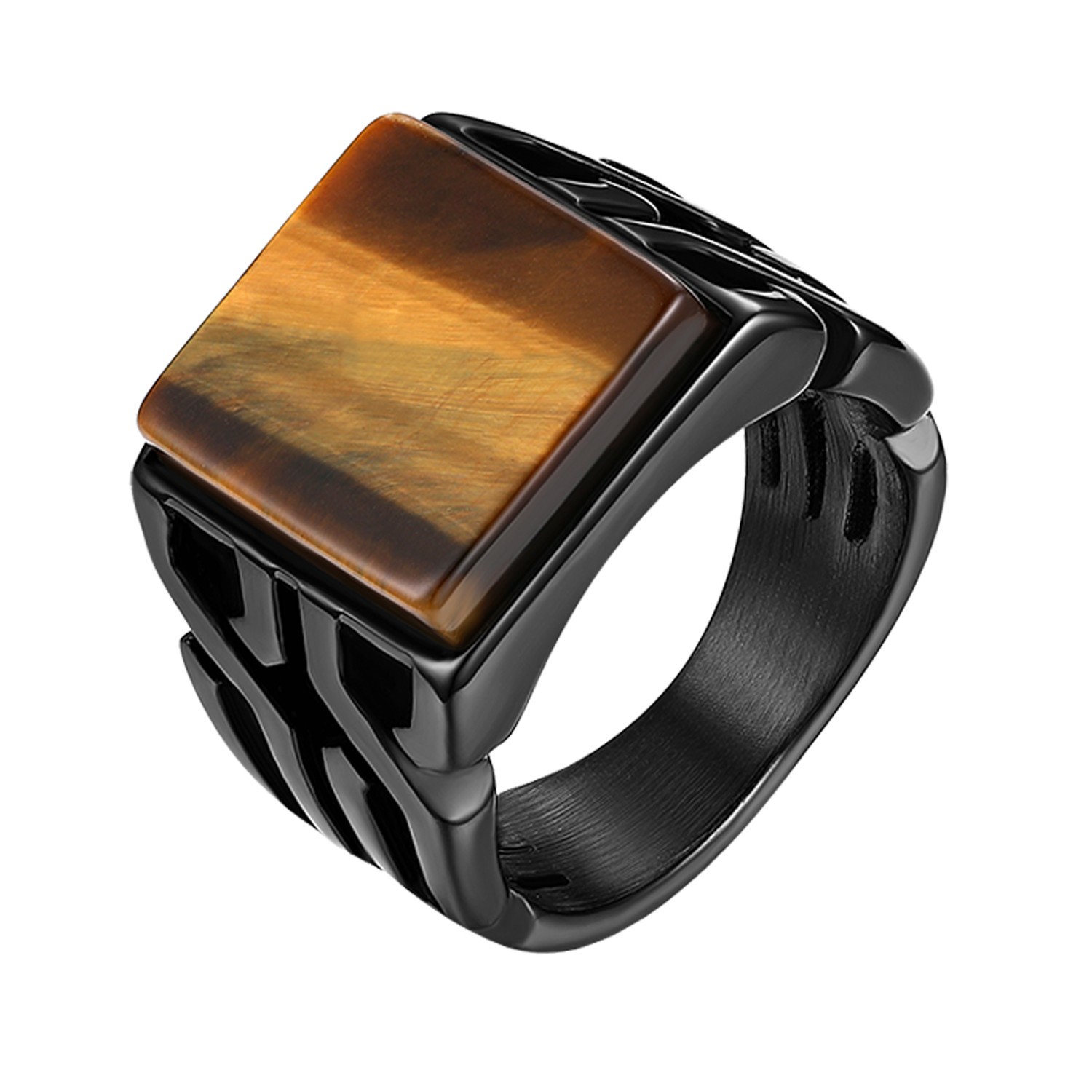 Men Vintage Square Tiger Eye Stone Signet Ring Stainless Steel Biker Band 7-14