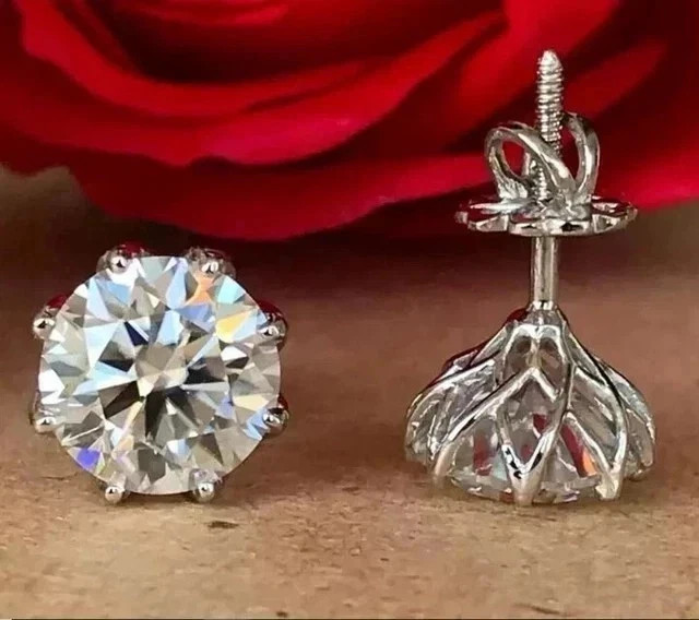 Round 3Ct Real Moissanite Solitaire Men’s Stud Earrings 14K White Gold Plated