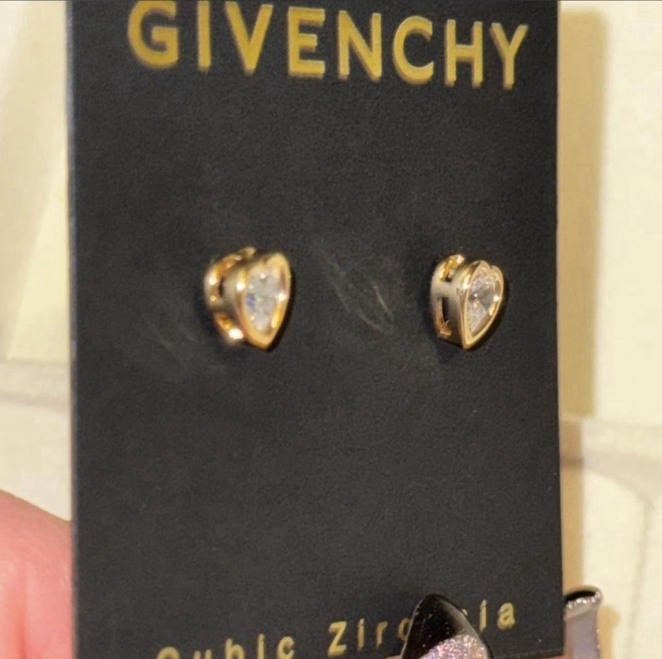 Givenchy Heart Stud Earrings Gold Tone Cubic Zirconia