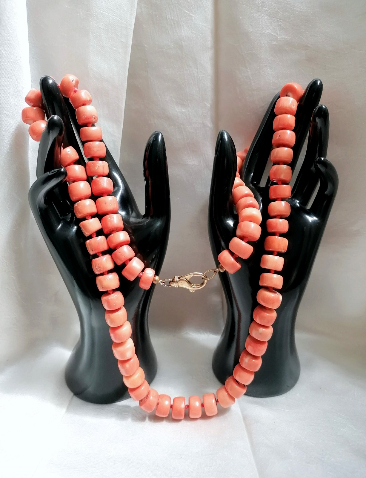 SPECTACULAR MAXI LONG NECKLACE CORAL BAMBOO SALMON CLASP SILVER GOLD.