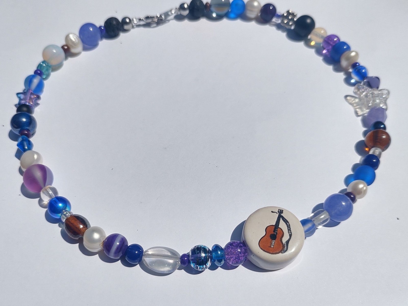 Blue and Purple Guitar Ceramic and Glass Bead Handmade Necklace