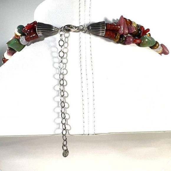 Vintage Sterling Semi Precious Gem Necklace 3 Strand Polished Natural Beads