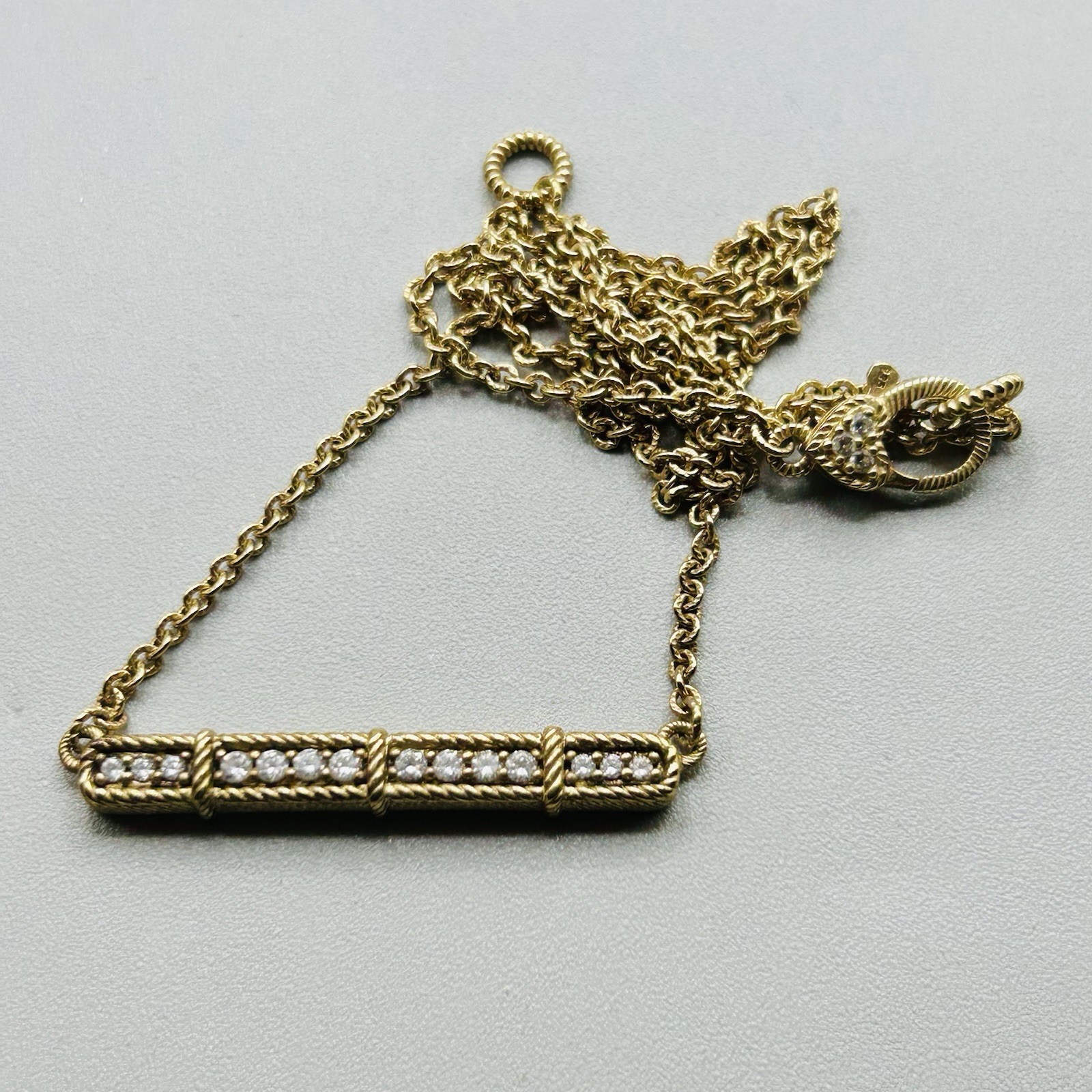 Judith Ripka Sterling Silver (gold color) Bar Necklace w 14 CZs +3 More on Clasp