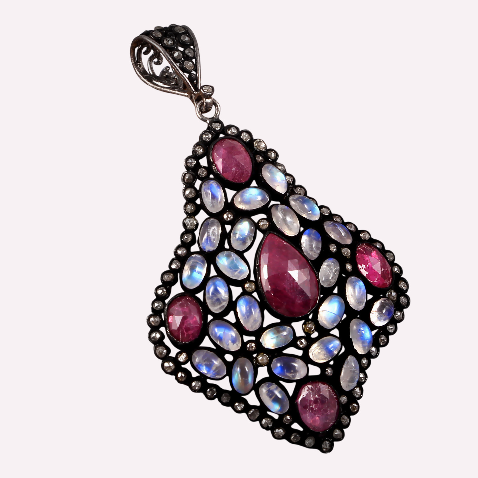 Natural Ruby Diamond Rainbow Moonstone Pendant 925 Sterling Silver Handmade