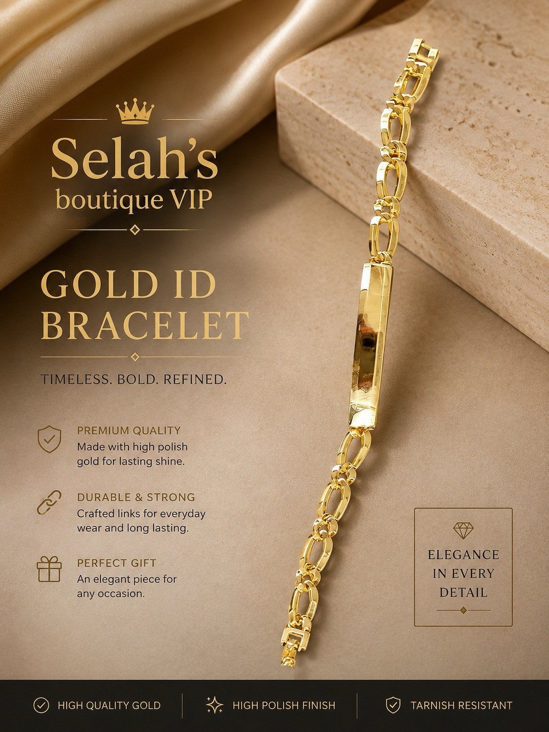 None tarnished none fade Gold tone High Polish ID Curb Link Bracelet Box Closure
