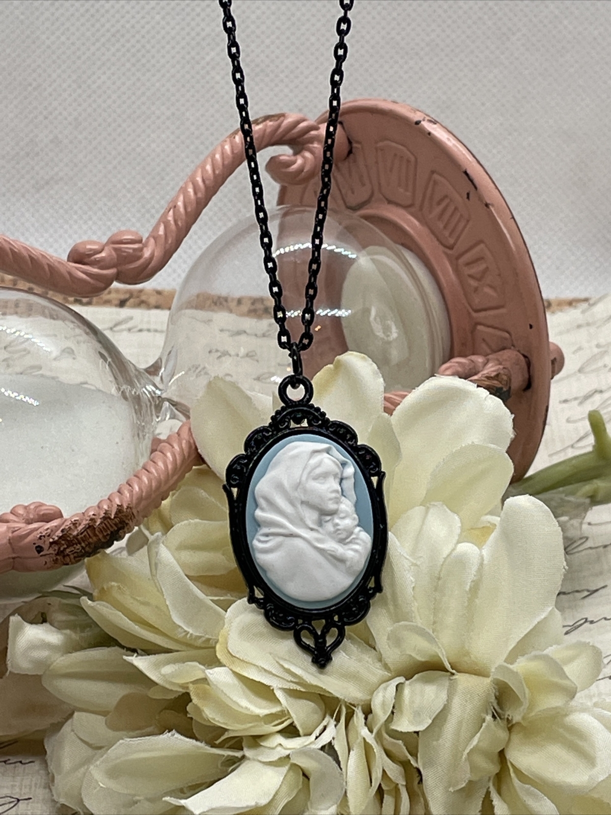 Madonna Mary Child Jesus MOM Heart Jewelry White Mothers Day necklace Cameo Bday
