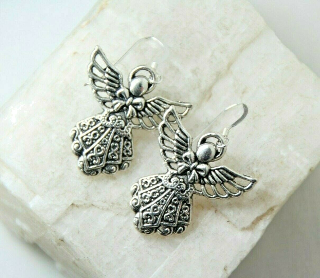 Angel Charm Earrings 925 Sterling Silver Hooks Pewter Pendants 1 1/4″ Angels