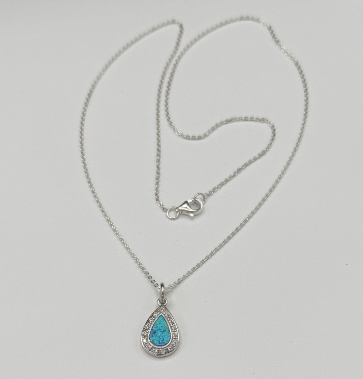 Sterling Silver Lab Blue Opal and CZ Pendant Necklace 18″ 4.1g NWT Gift Box