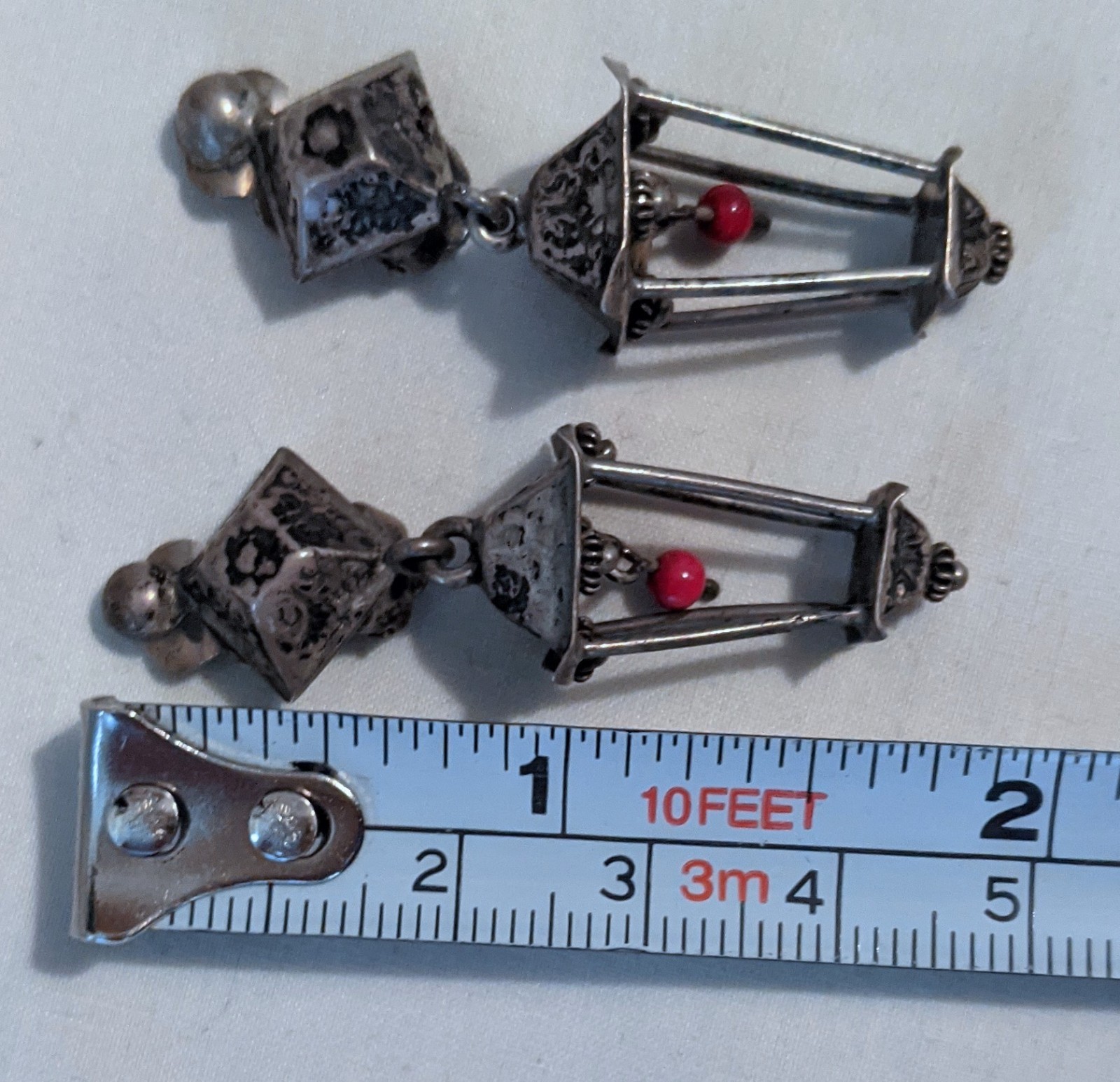 Vintage Artisan 3 D Lantern Dangle Earrings Clip-on Acid Tested For Silver