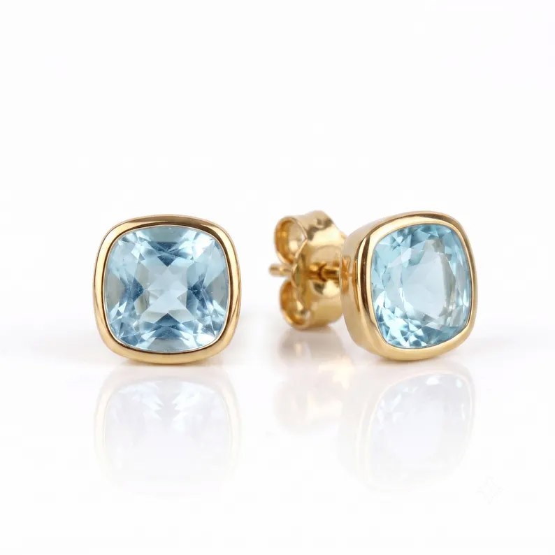 Solitaire Cushion Cut Aquamarine Daily Wear Stud Earrings Solid 14k Yellow Gold