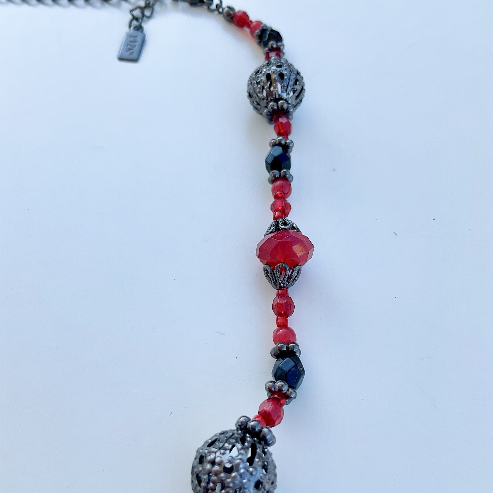 1928 Jewelry Red & Black Ornamental Beaded Necklace, 19” Adjustable