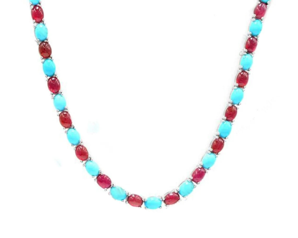 31Ct Oval Cut Lab-Created Garnet & Turquoise Tennis Necklace in 925 Silver – 20″