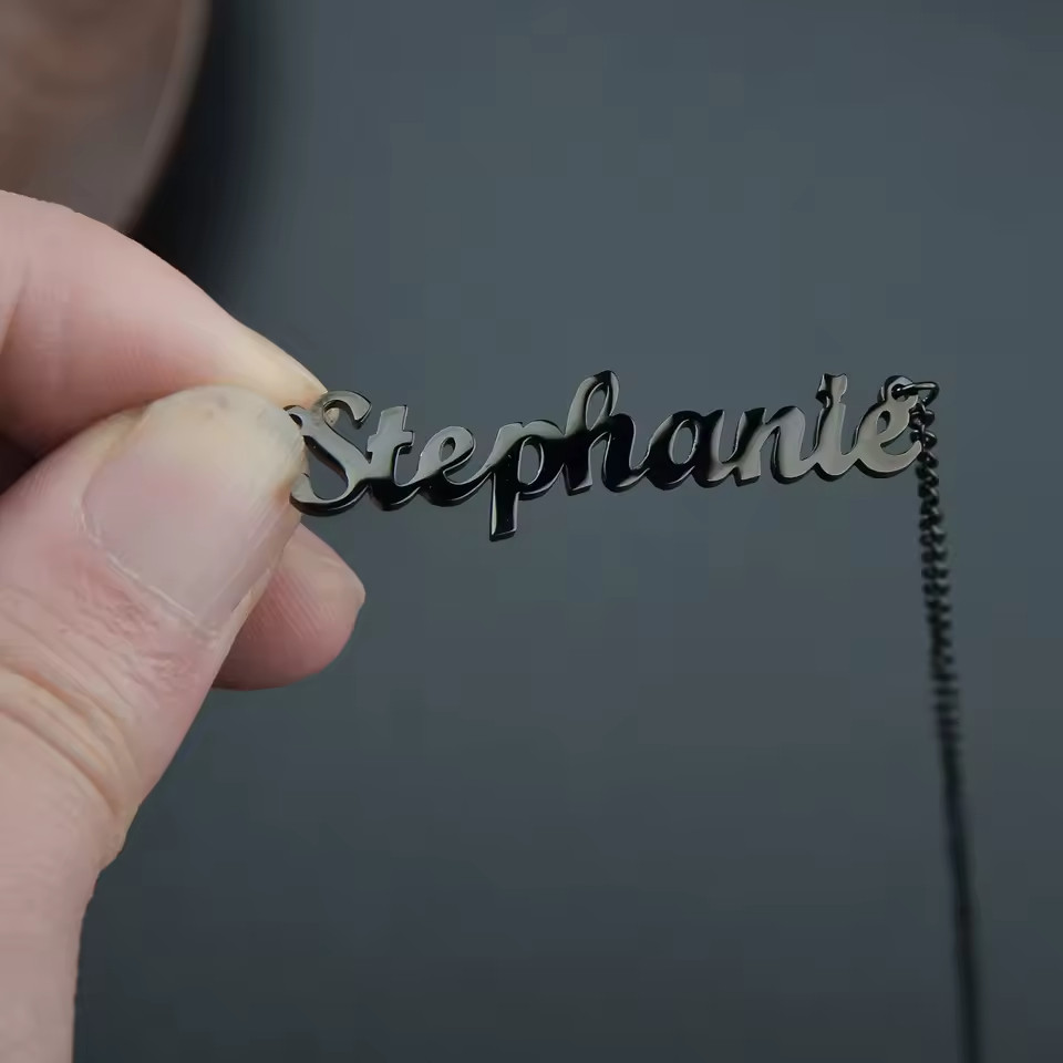 Customized Name Black Letters Color Pendant Necklace Link Chain Stainless Steel