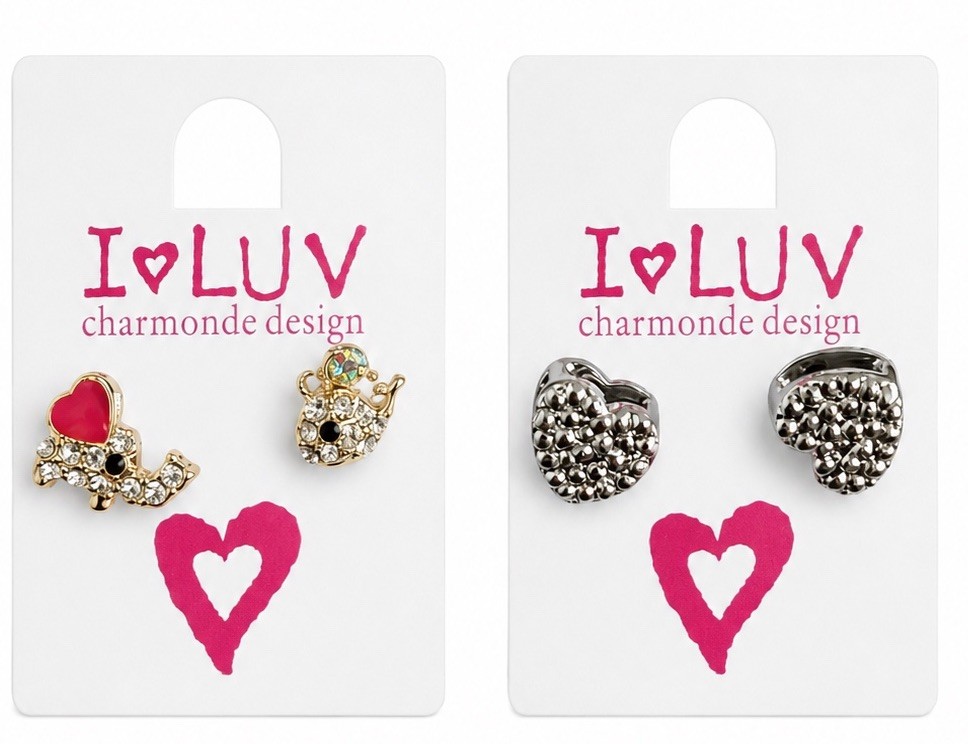 Lot 2 Pairs Heart & Elephant Rhinestone Stud Earrings Gift Box Included