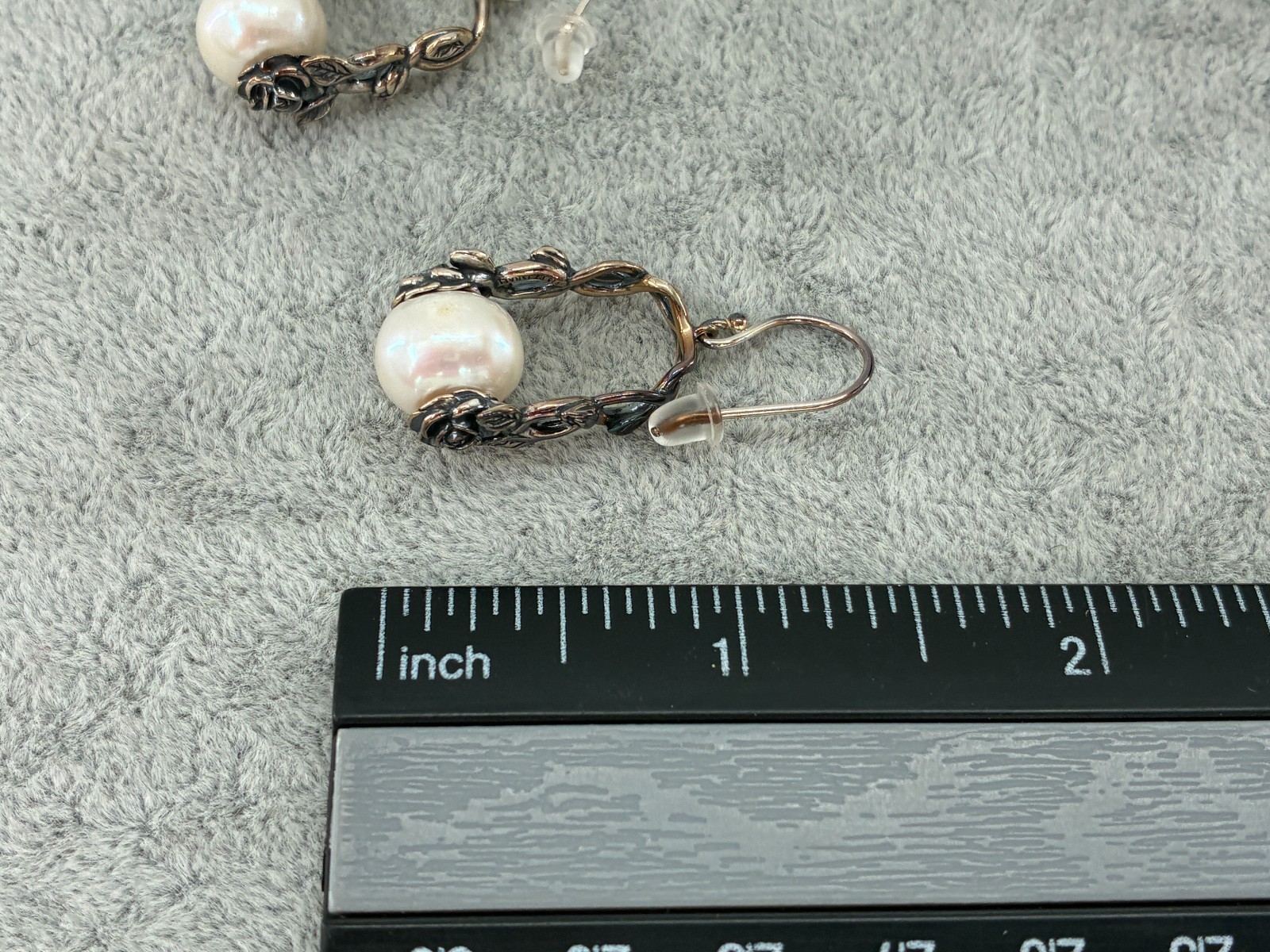Or Paz White Cream Pearl Sterling Silver French Hook Floral Earrings Oxidized