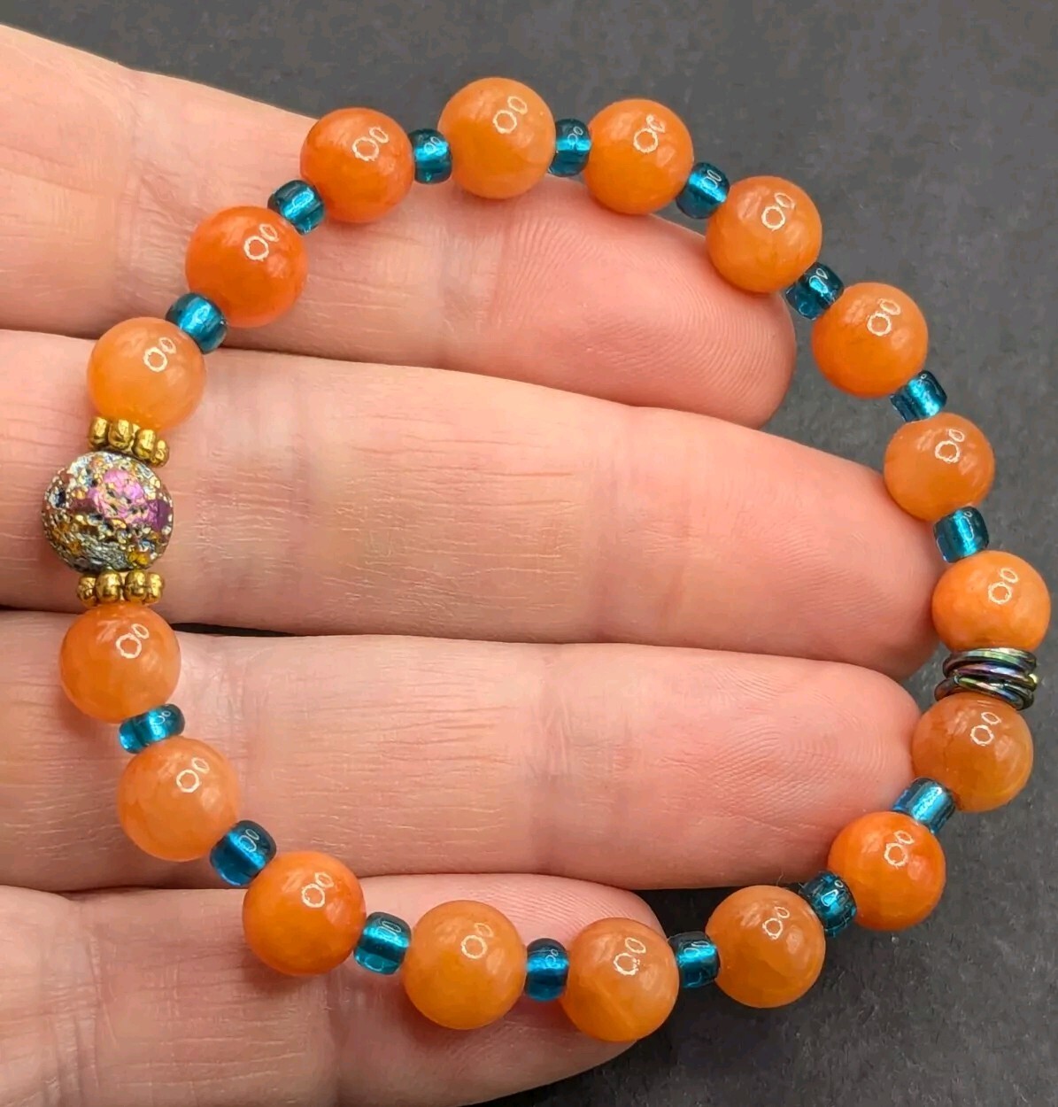 Orange 8mm Gemstone, Blue 6/0 Beaded Stretch Stylish Bracelet (17cm) S/M Wrist