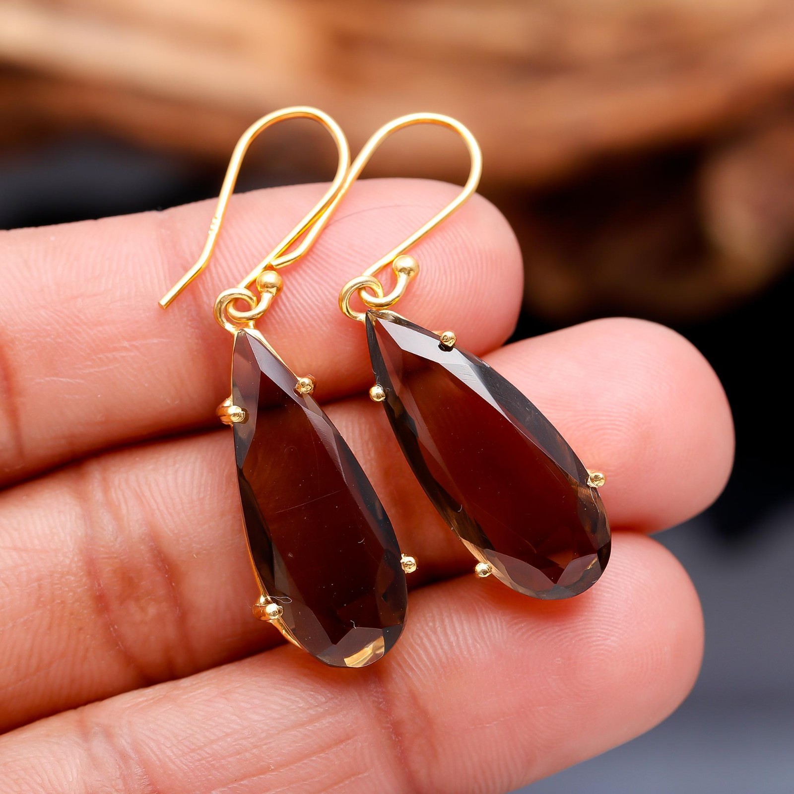 Natural Smoky Quartz Pear Dangle Earrings Gold Fill 925 Sterling Silver Jewelry