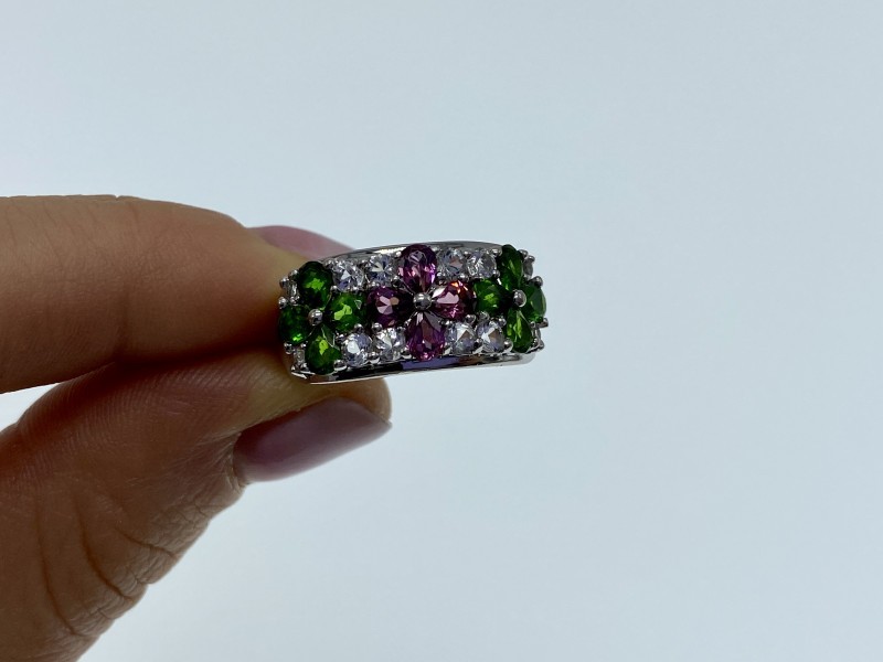 925 Sterling Silver Emerald, Pink Topaz & Goshenite “Flowers” Ring Size 7.5