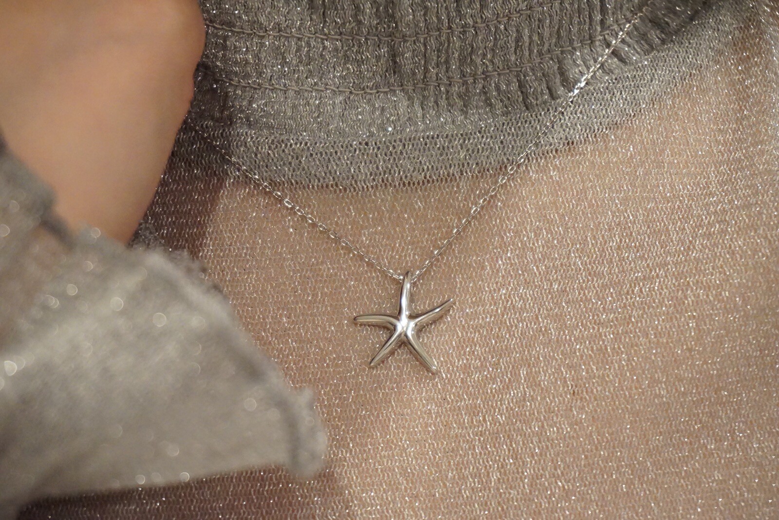 Solid Women Sterling Silver 18mm “Starfish”Pendant 16.5”Long Necklace -D