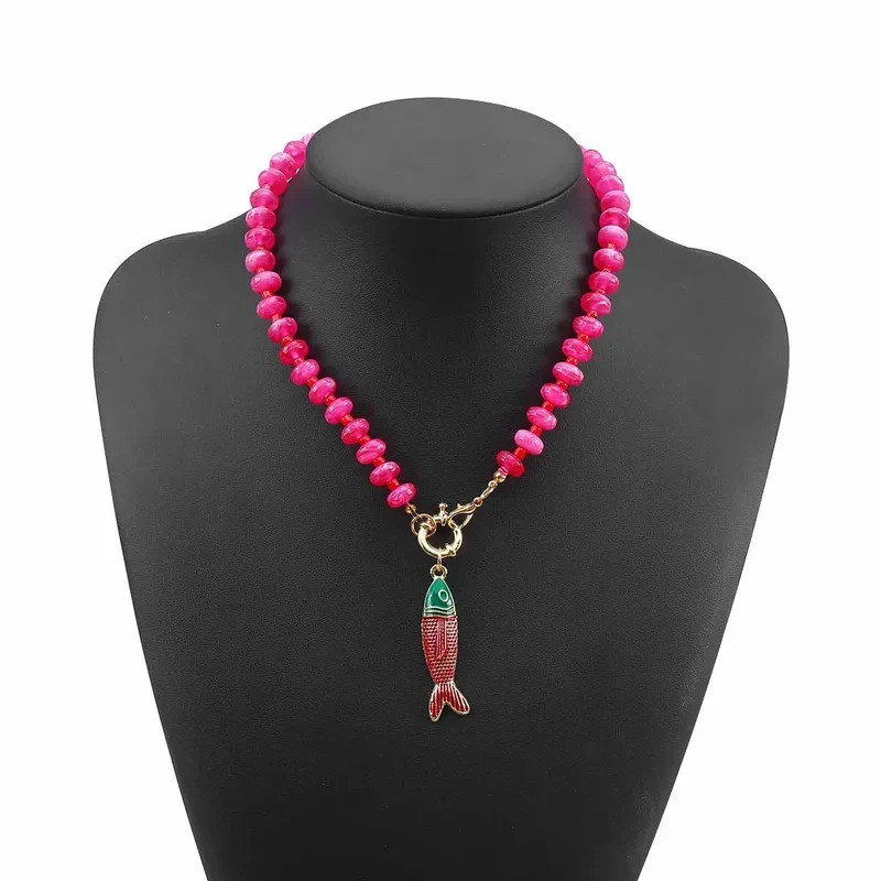 Fish Charm Necklace Pink Beads Charm Pendant Necklace