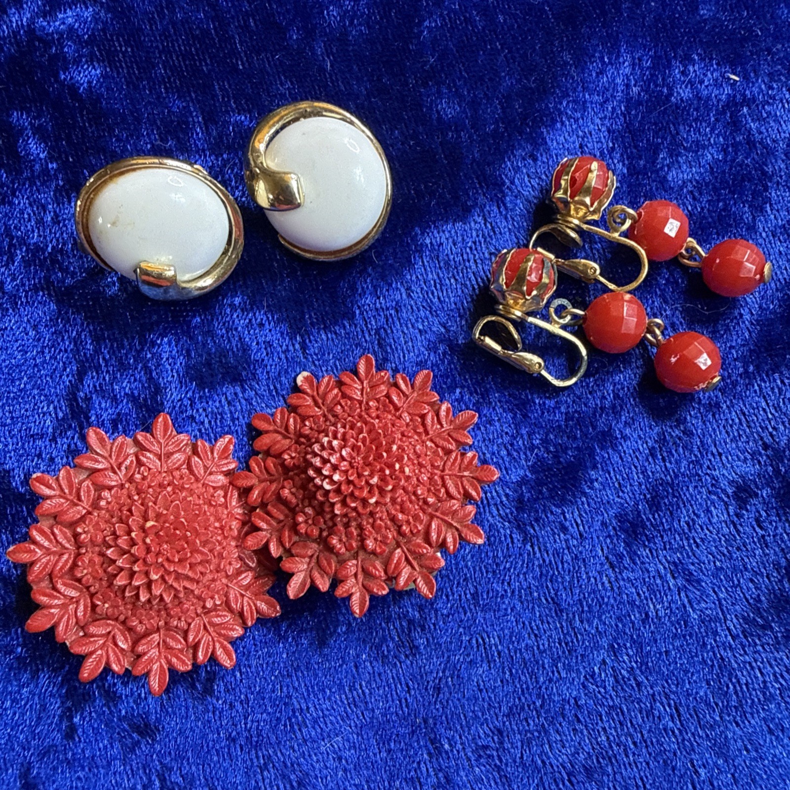 Vintage Clip On Earrings Lot of 3 Pairs Costume Jewelry Red White Mix Materials
