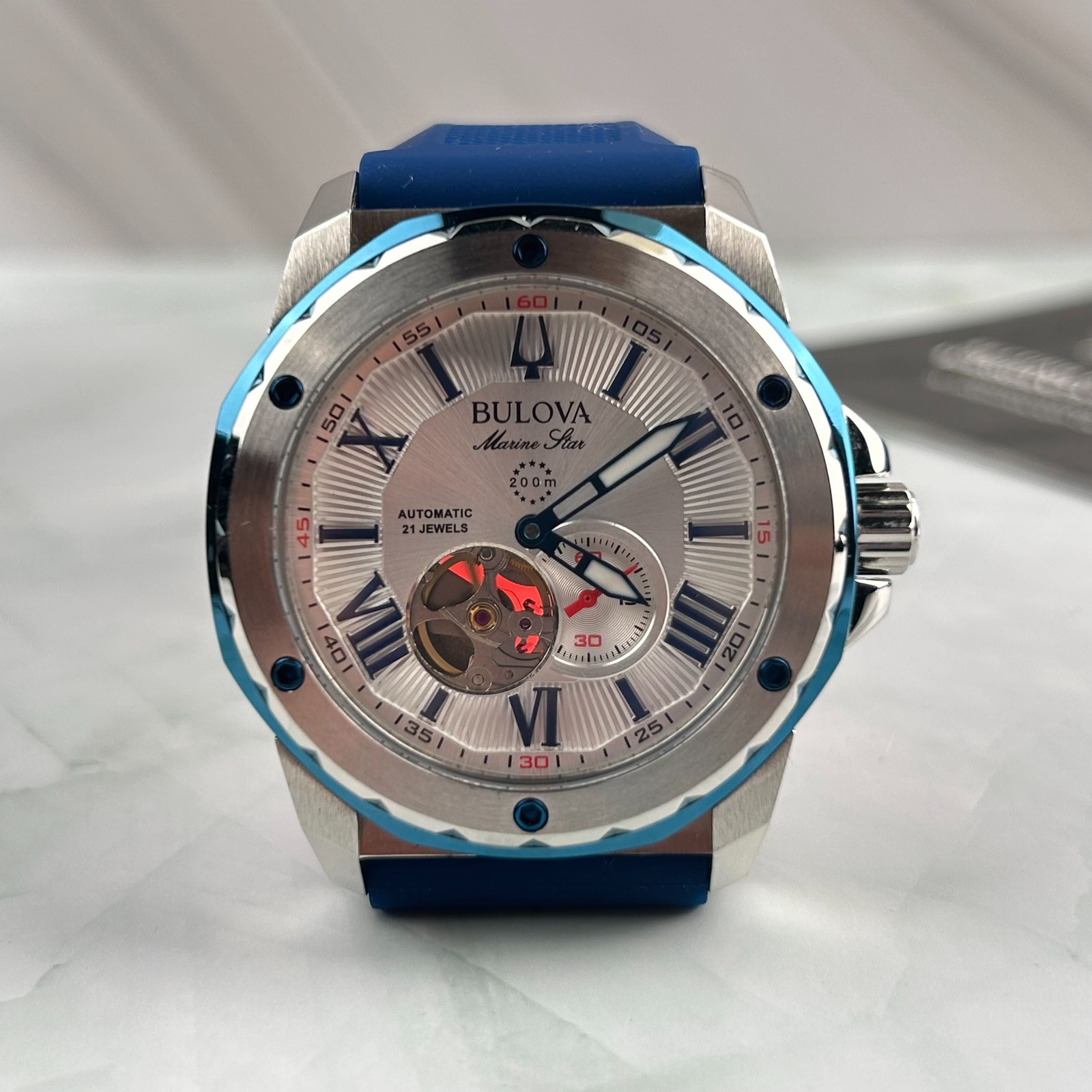 Bulova 98A225 Marine Star White Dial Silicon Blue Strap Men’s Automatic Watch