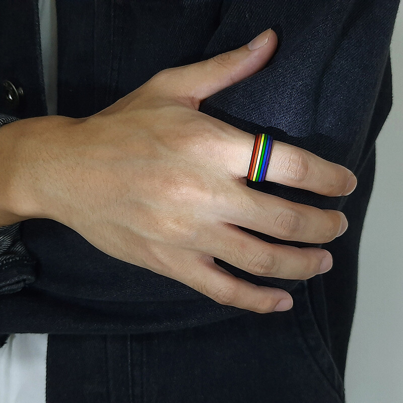 8mm Rainbow Color Love Gay Pride Lesbian Men’s Ring Stainless Steel Striped Band