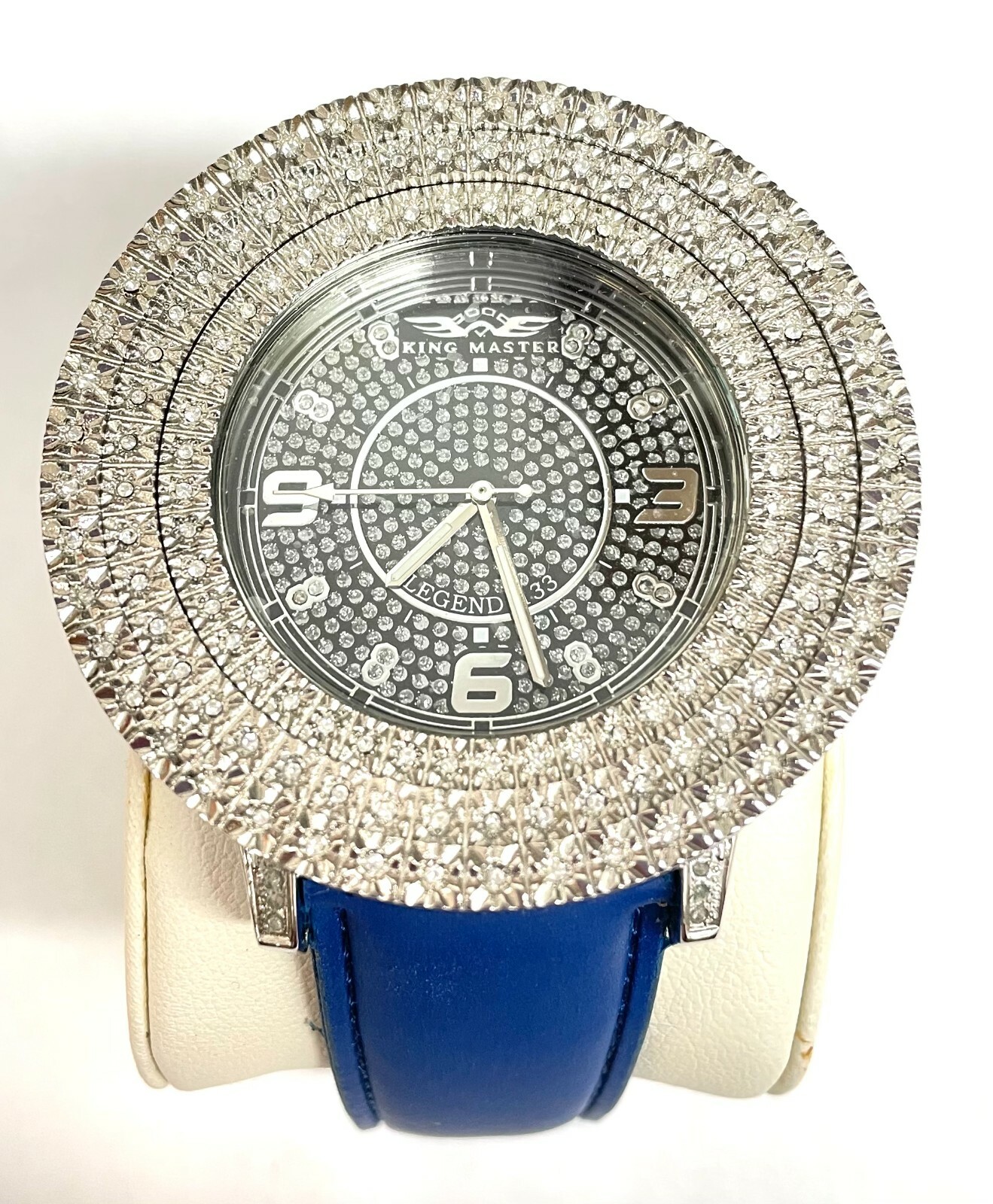 King Master Men’s CZ Stone Silver-tone Stainless Steel Leather Watch